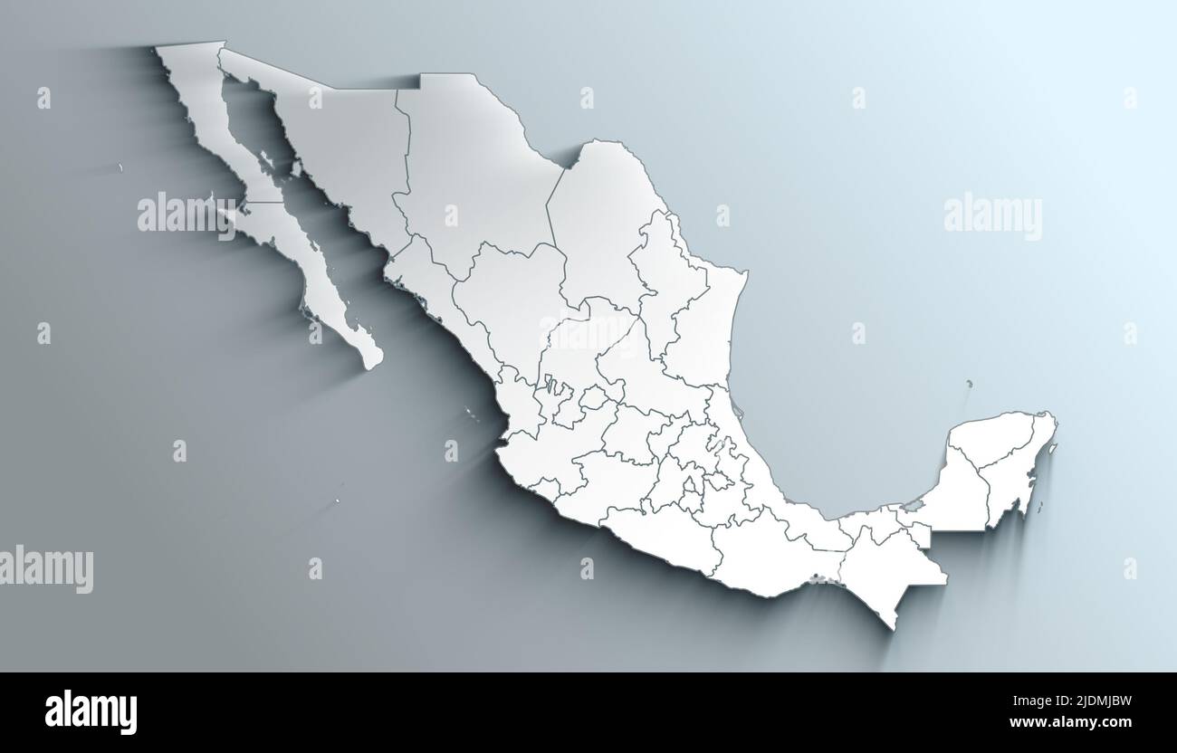 Geographical Map of Mexico with States with Counties with Regions with Shadows Stock Photo