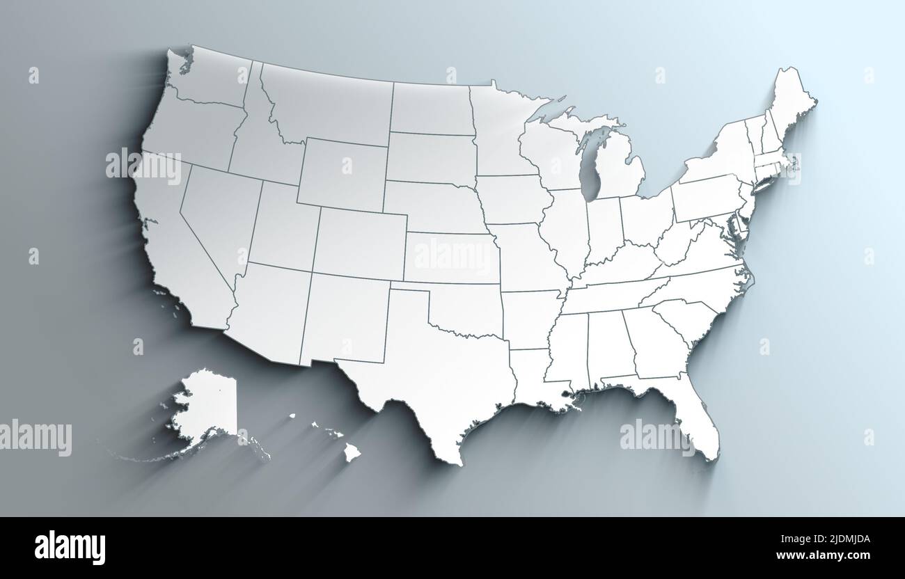 Geographical Map of United States with States with Counties with Regions with Shadows Stock Photo