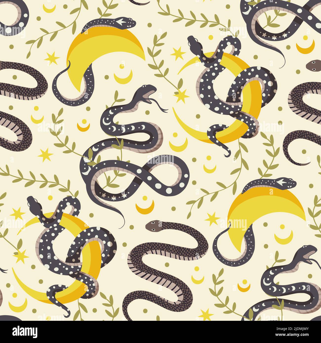Snake and moon celestial magic vector pattern. Spiritual alchemy sketch ...