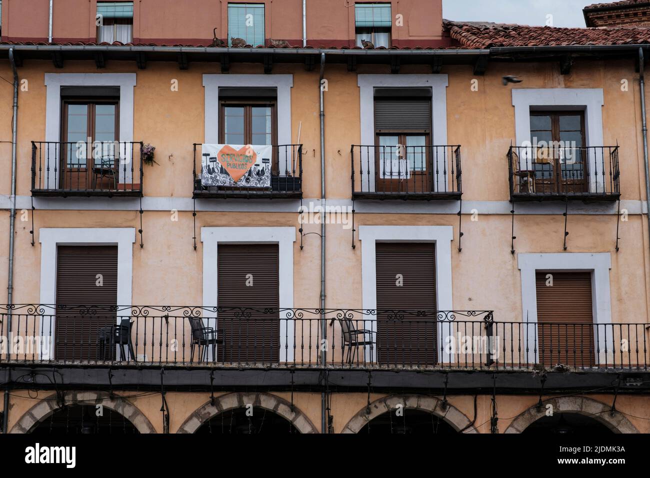 Spain, Leon. Windows of an Apartment Building Facing Calle Ancha. Stock Photo
