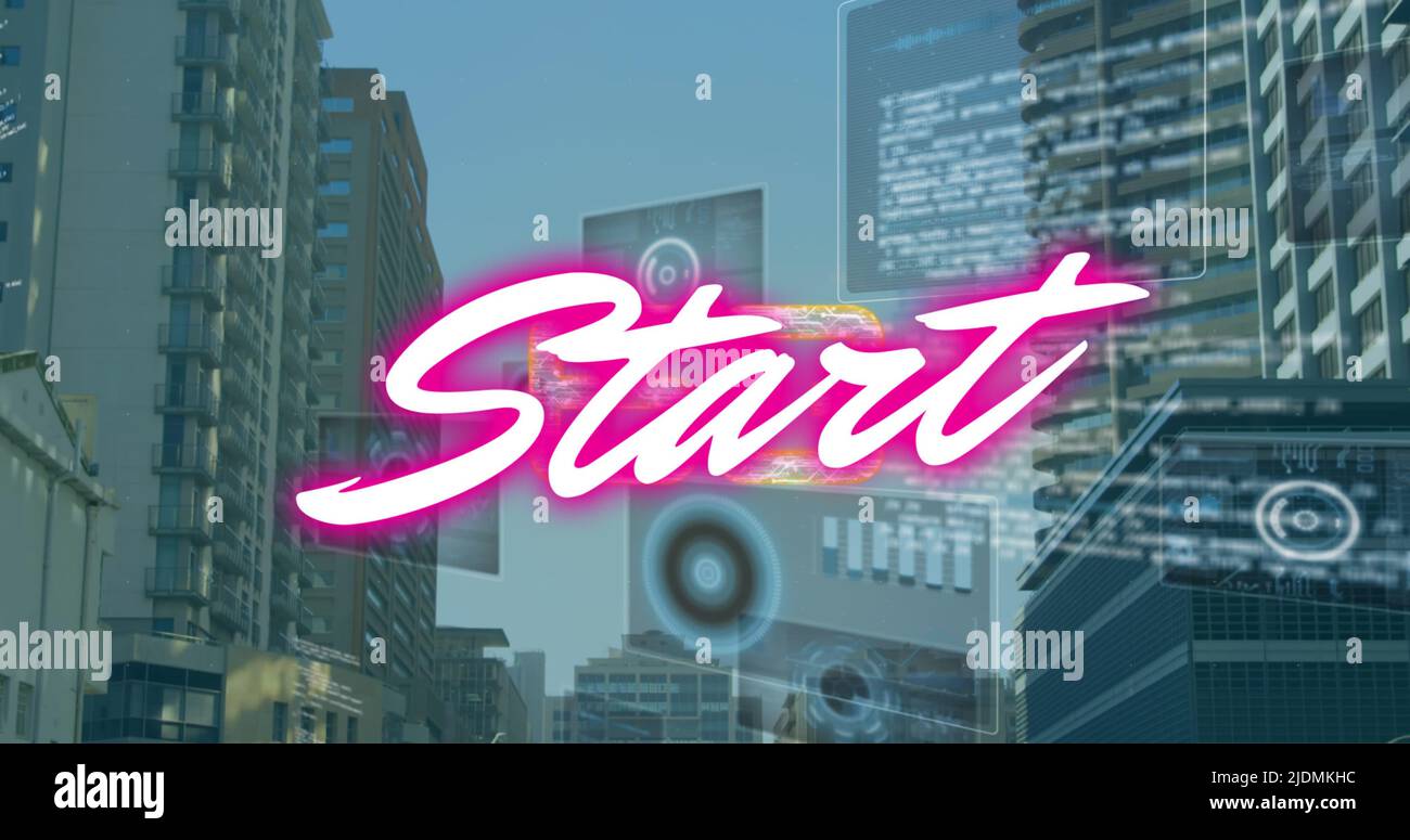 Image of start text and data processing over cityscape Stock Photo