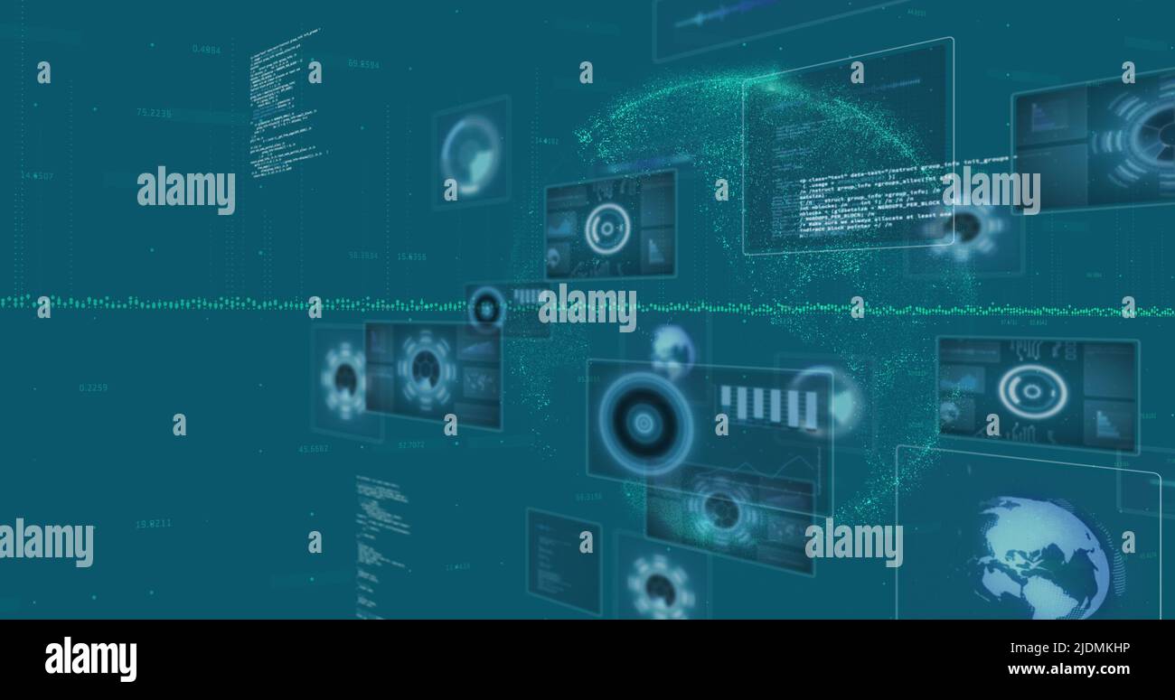 Image of data processing and globe on blue background Stock Photo