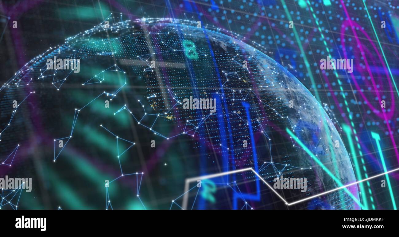 Image of data processing over connections and globe in navy digital ...