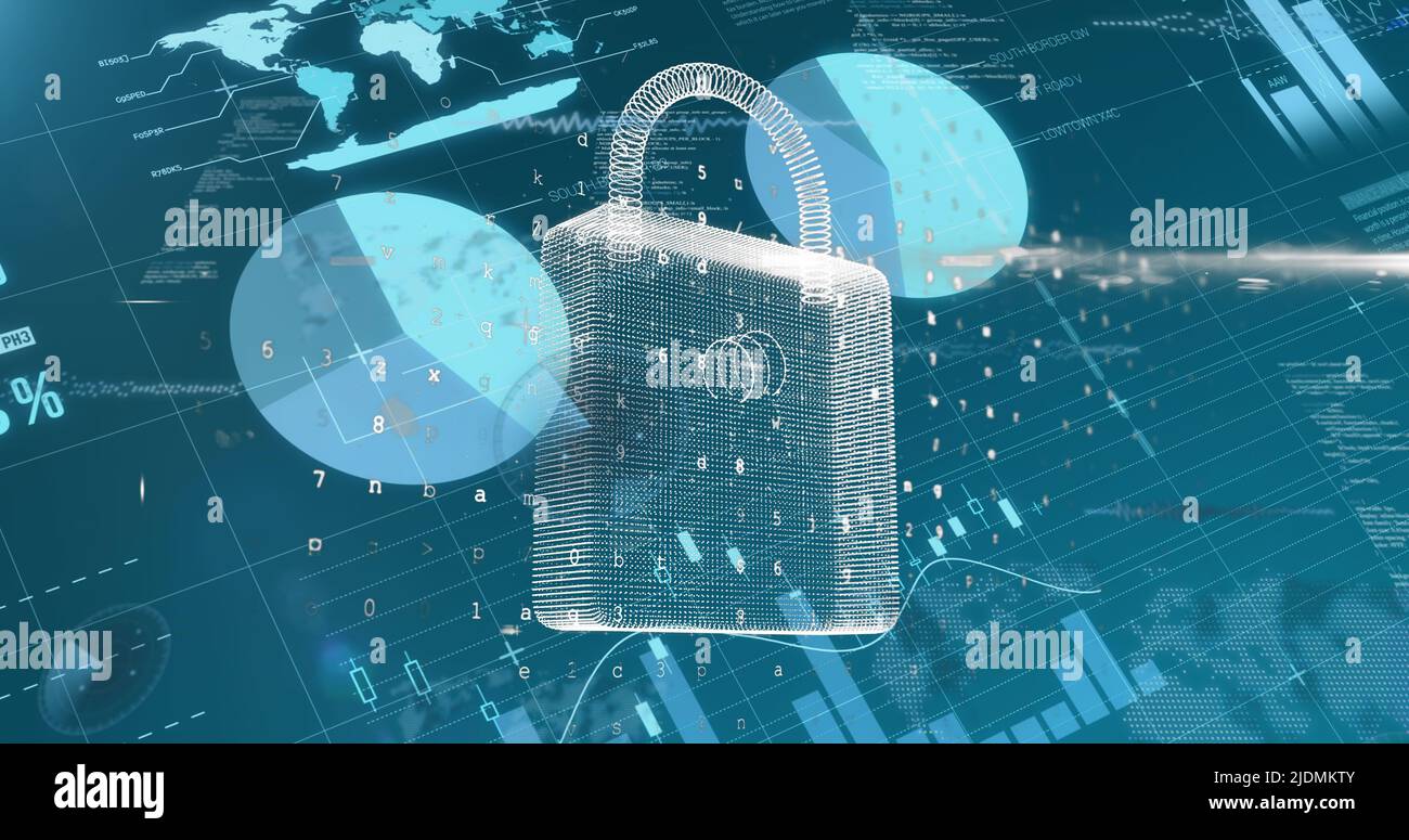 Image of data processing and padlock on blue background Stock Photo