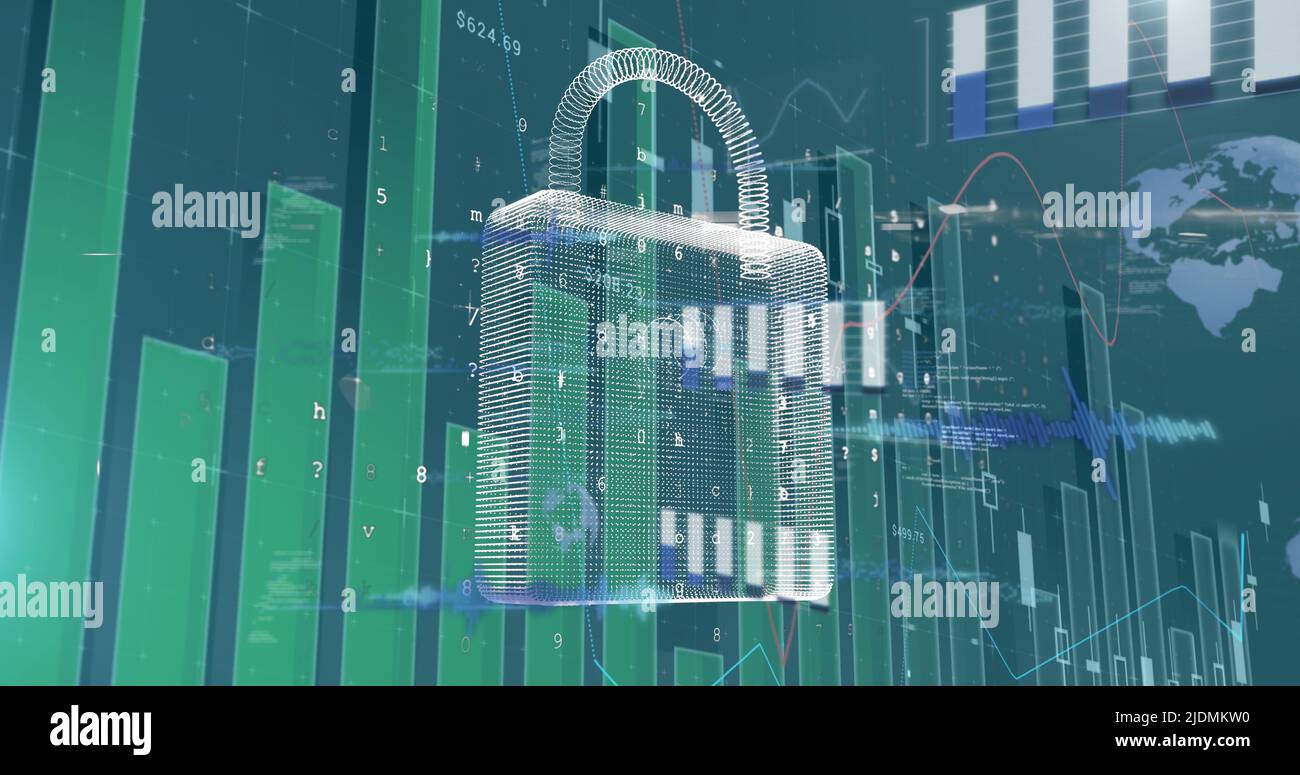 Image of data processing and padlock on blue background Stock Photo