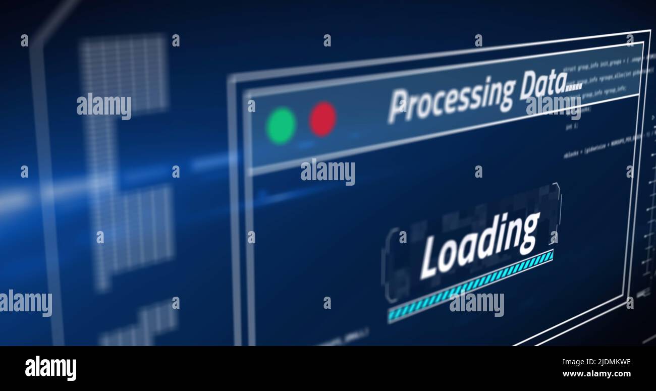 Image of data processing and light spots on blue background Stock Photo