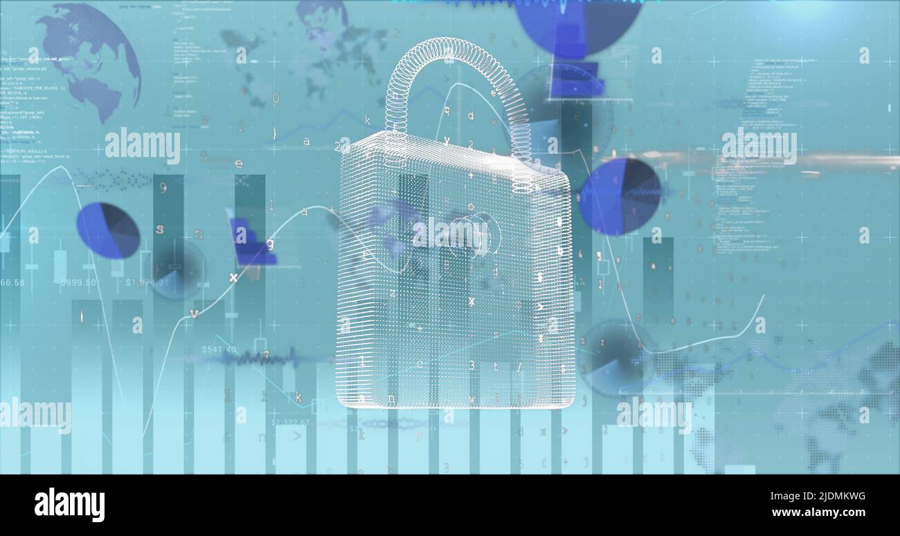 Image of data processing and padlock on blue background Stock Photo