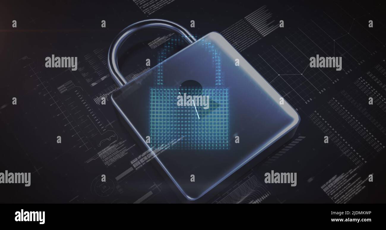 Image of padlock and data processing on black background Stock Photo