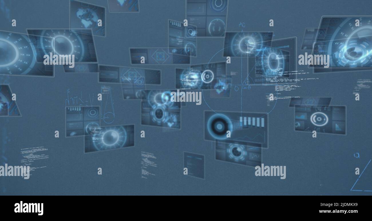 Image of mathematical equations and data processing on blue background Stock Photo