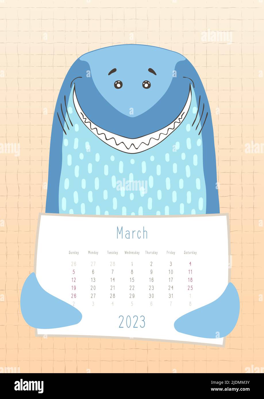 2023 march calendar, cute shark holding a monthly calendar sheet, hand