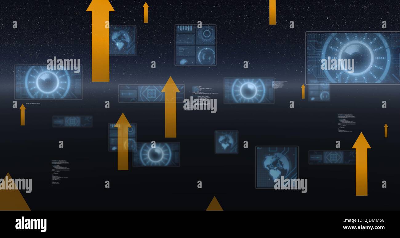 Image of arrows and diverse data on screens moving in black space Stock