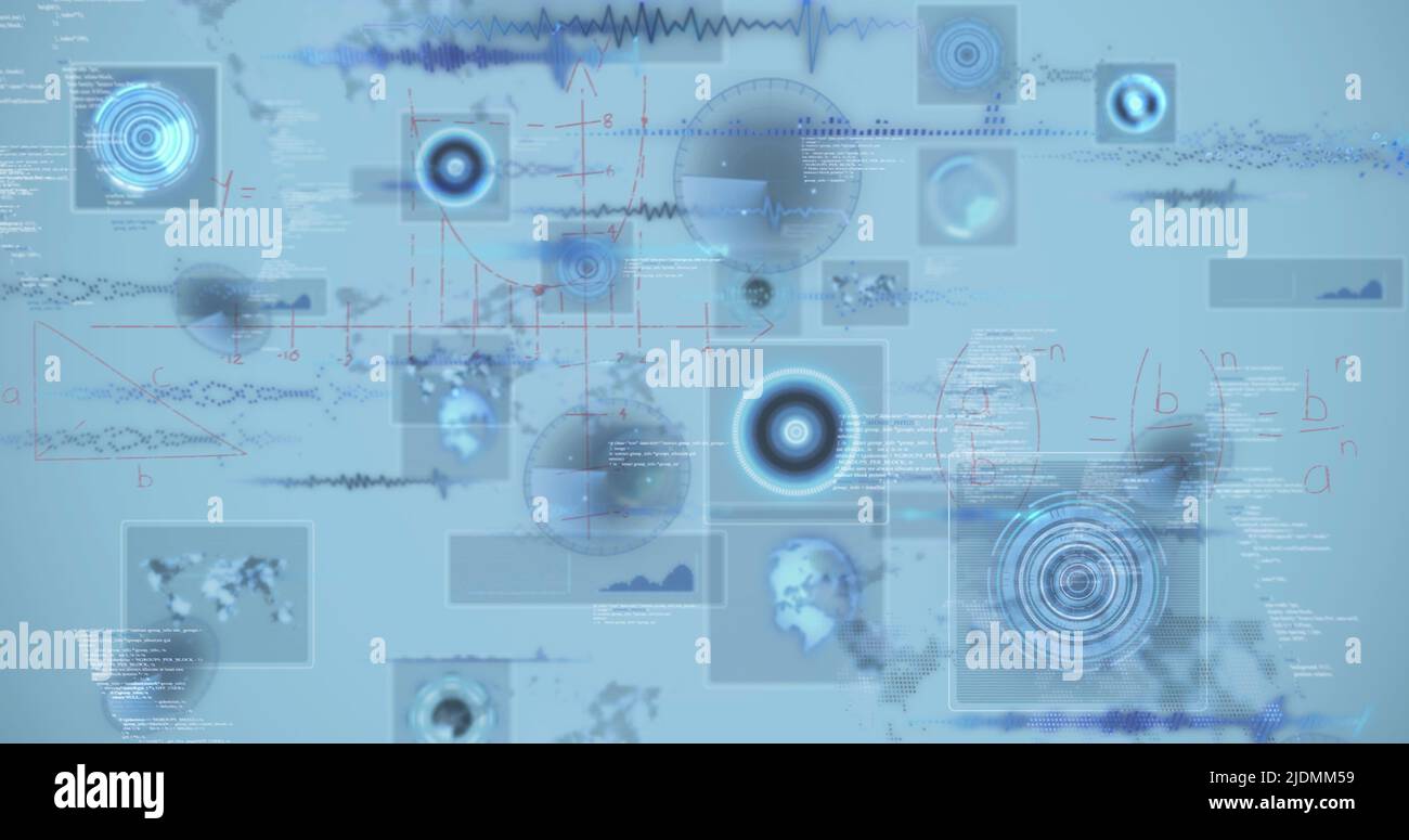 Image of mathematical equations and data processing on white background ...