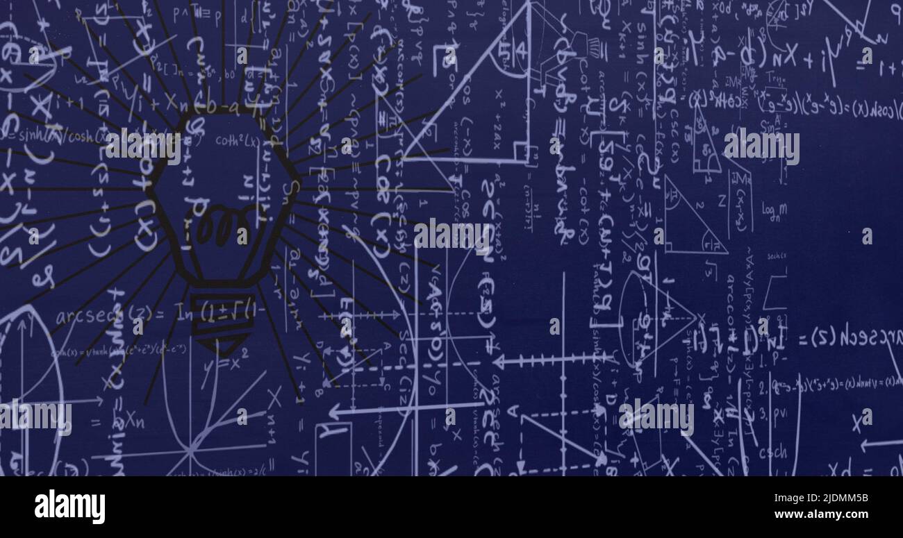 Image of mathematical equations over lightbulb Stock Photo