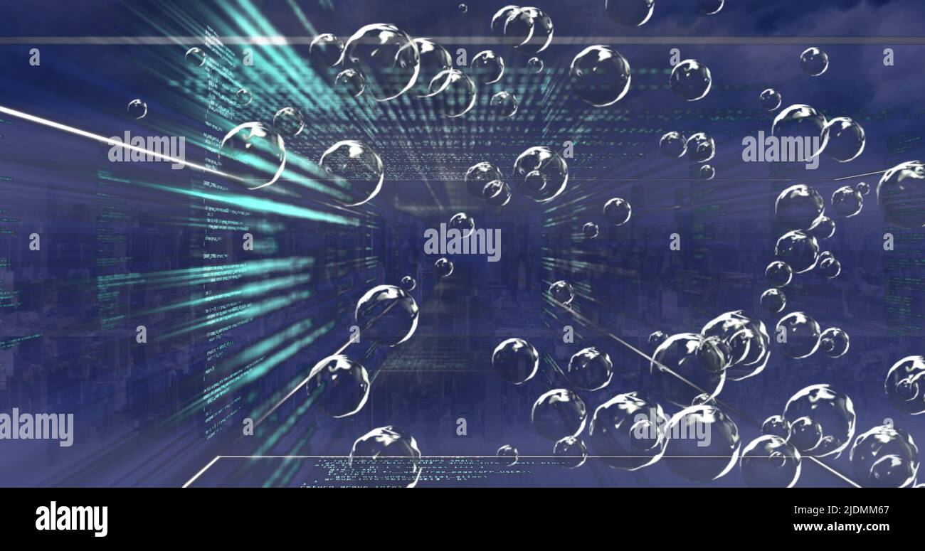 Image of data processing and bubbles over cityscape Stock Photo