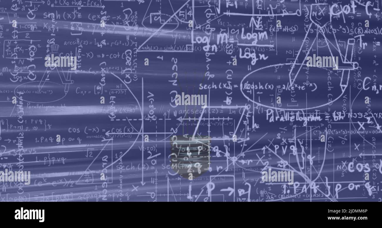 Image of mathematical equations over lightbulb Stock Photo
