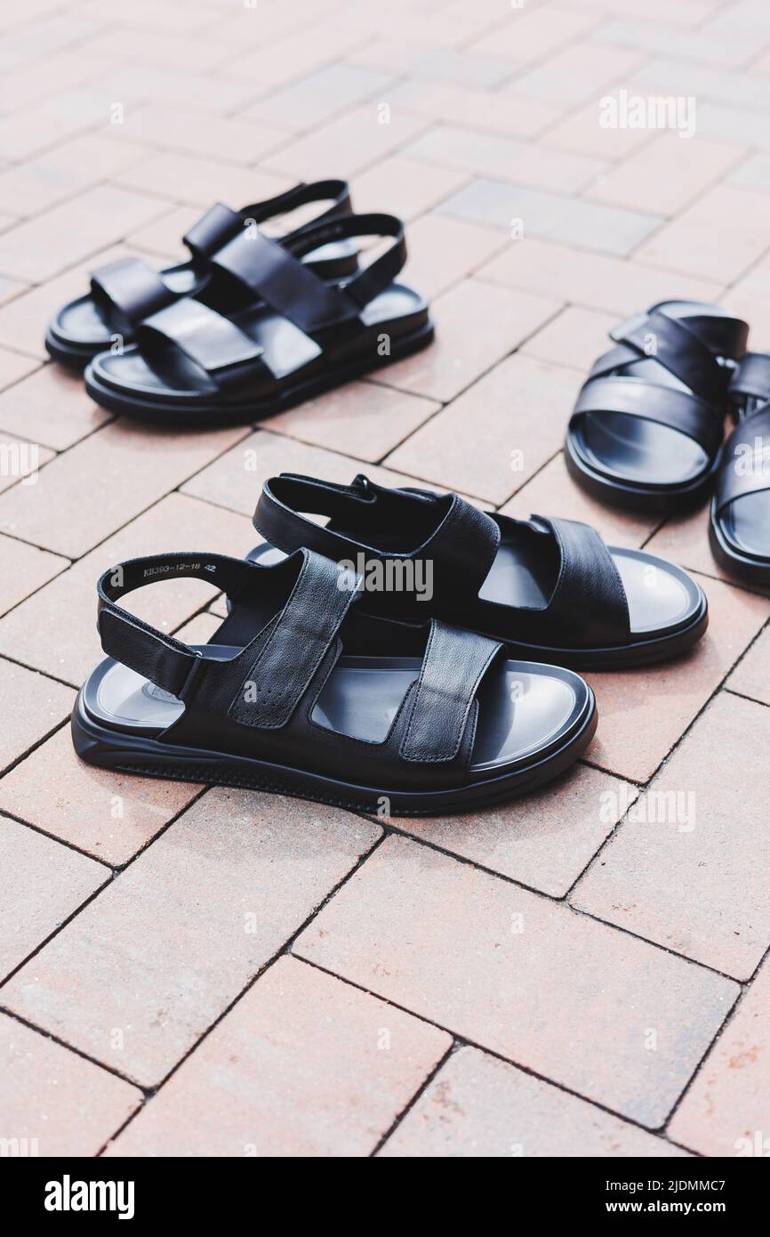 Men's black leather sandals stand on an isolated background. Summer collection of men's shoes