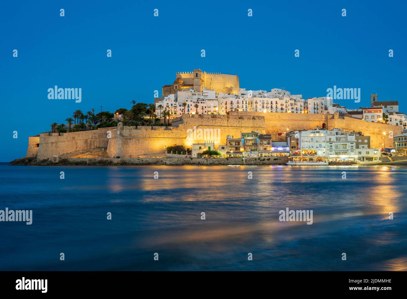 Night view of old town and Knights Templar castle, Peniscola, Valencian Community, Spain Stock Photo