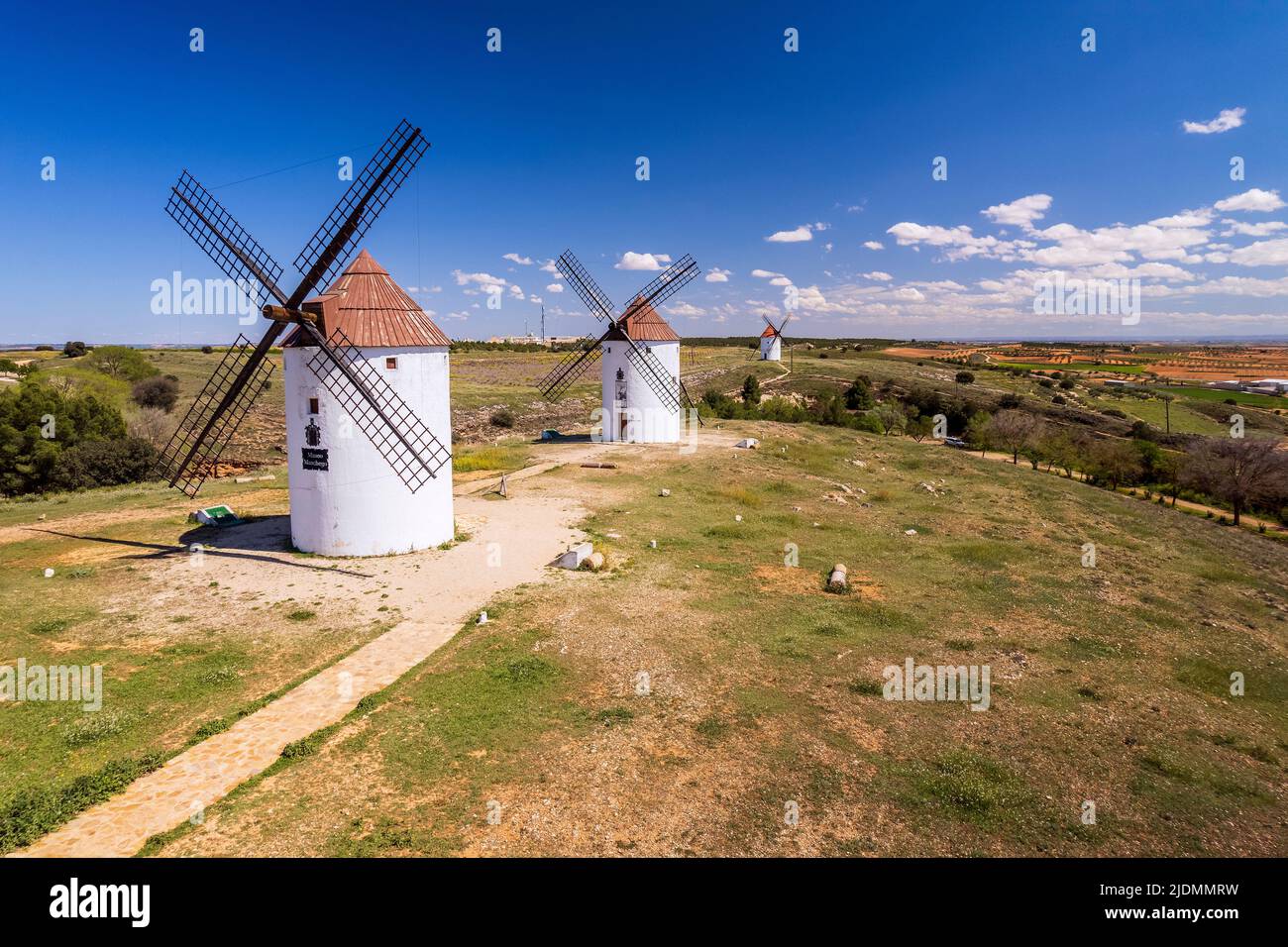 Typical windmills, Mota del Cuervo, Castilla-La Mancha, Spain Stock Photo