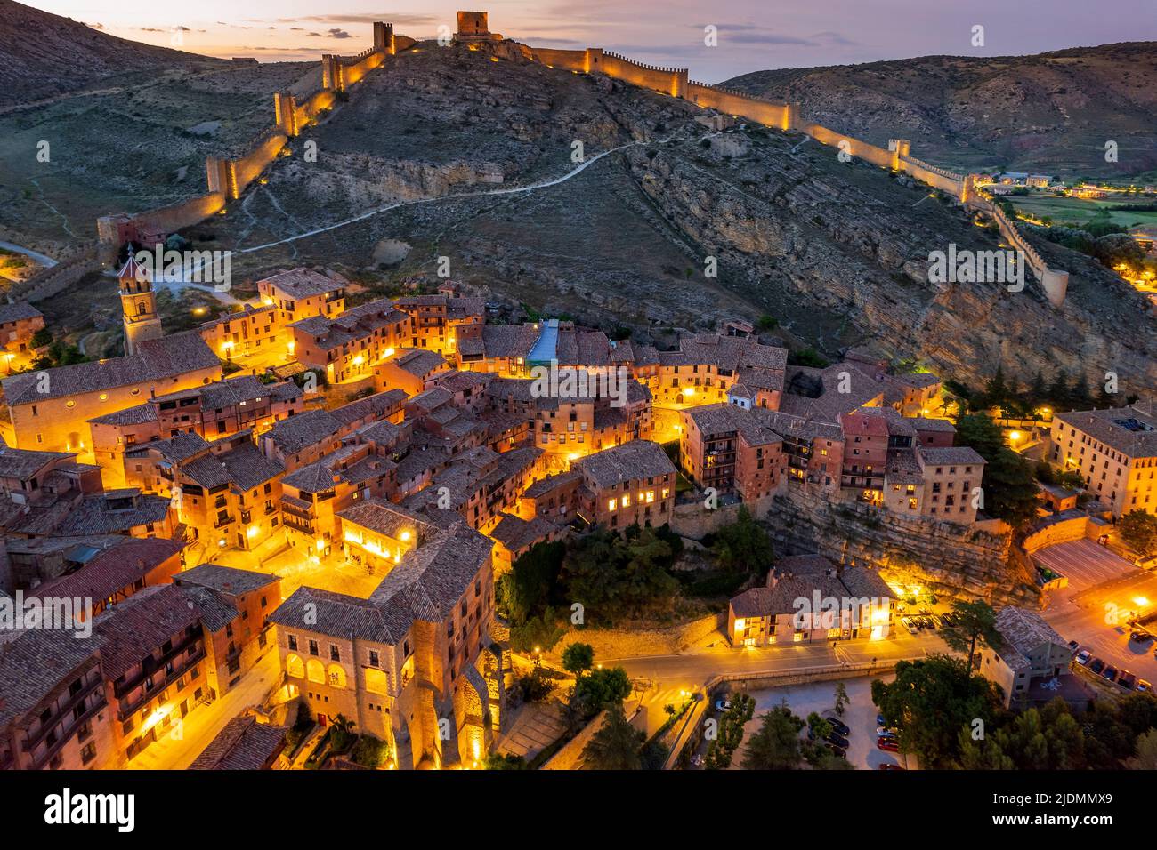 Aerial view of Albarracin with its ancient walls, Aragon, Spain Stock Photo