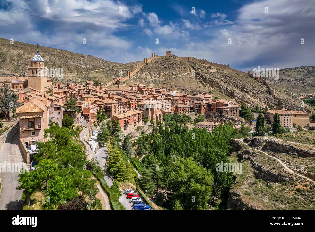 Aerial view of Albarracin with its ancient walls, Aragon, Spain Stock Photo