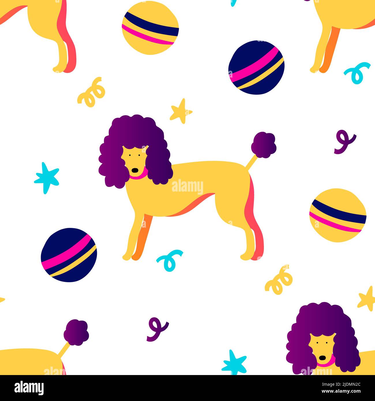 Dog and ball funky seamless vector pattern. Cute pet poodle Stock Vector