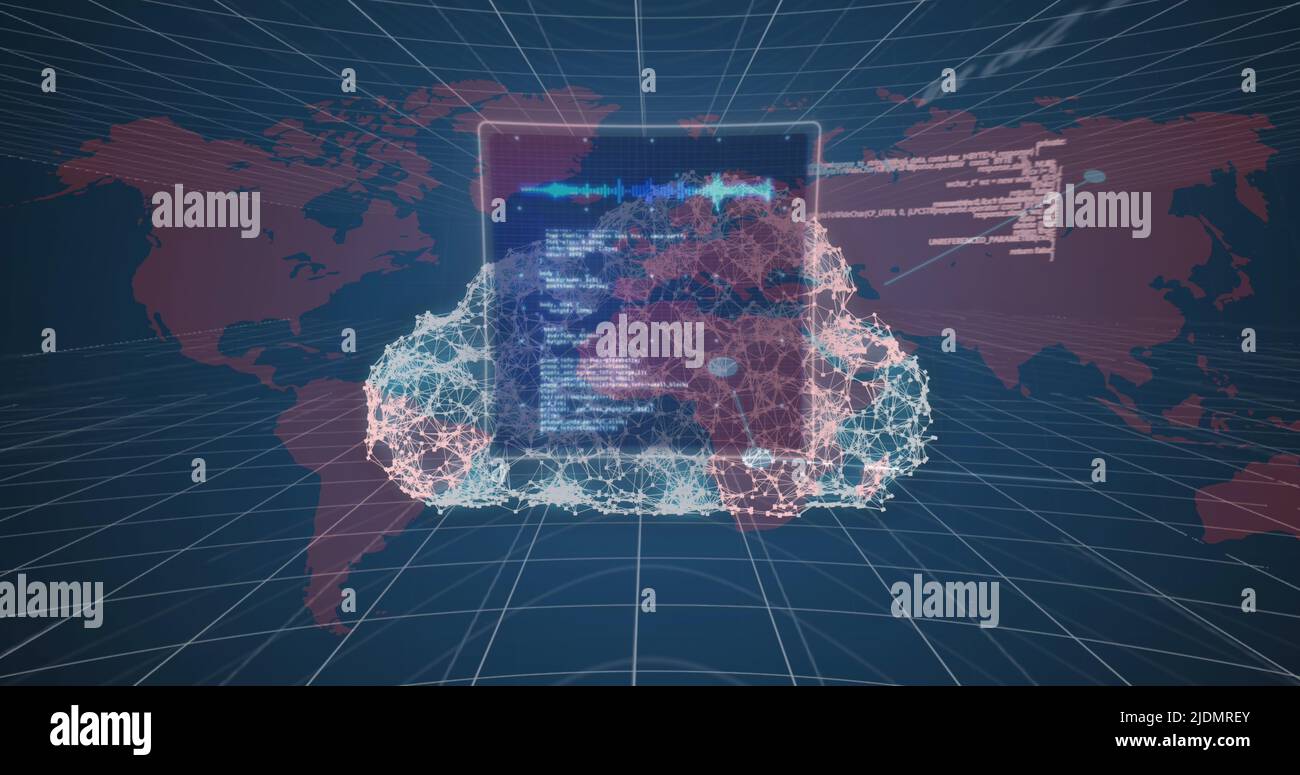 Image of digital cloud, data processing over world map Stock Photo
