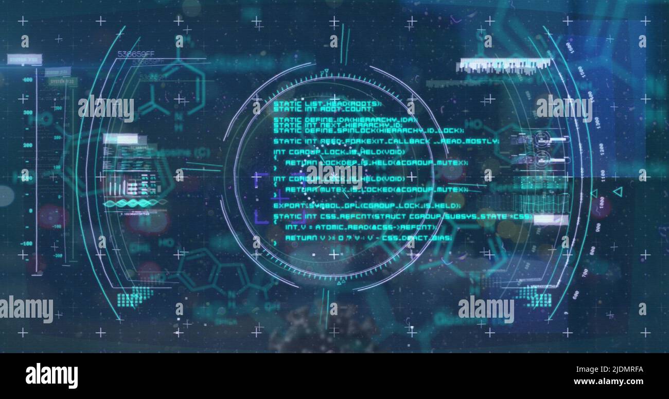 Image of scope scanning and virus cell over data processing Stock Photo