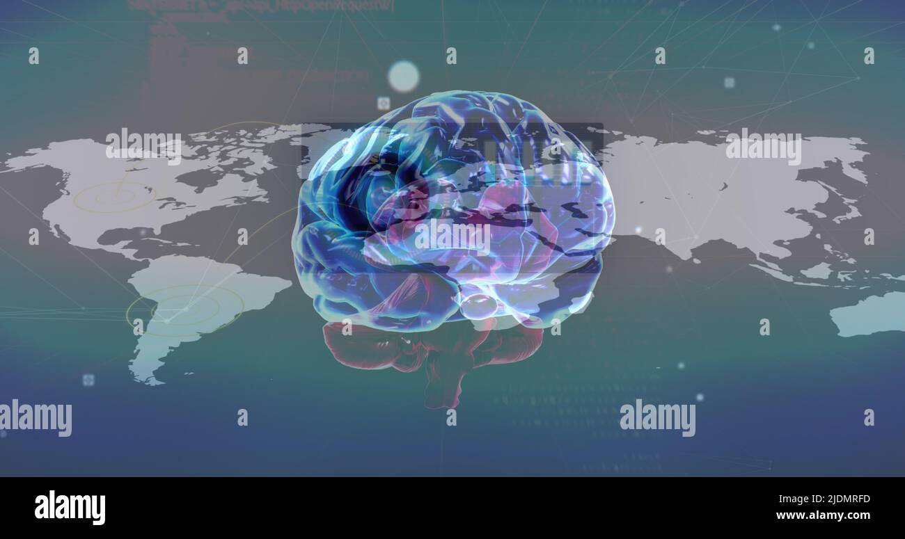 Image of brain rotating over world map and screens with diverse data ...