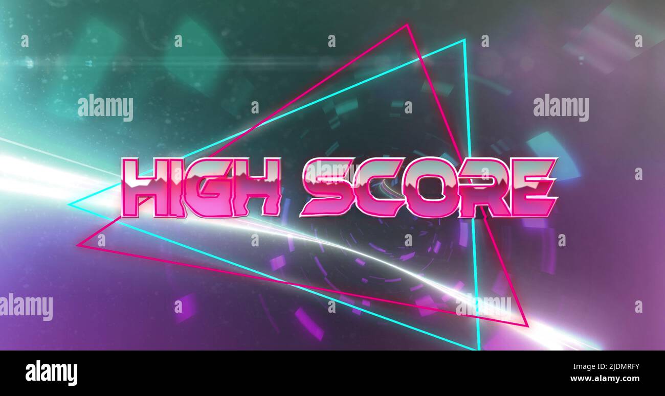 Image of high score and triangles over tunnel made of lights moving fast Stock Photo