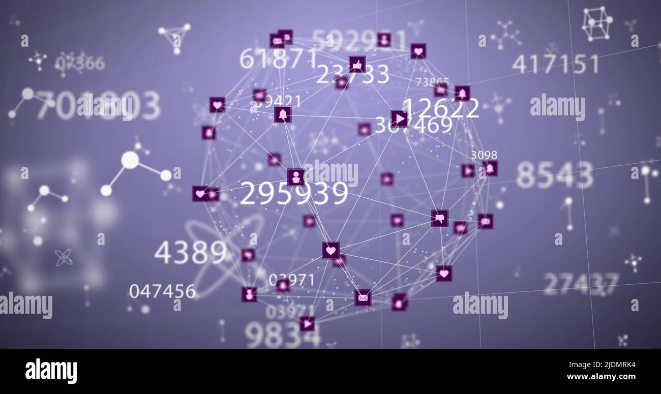 Image of globe of network of connections with icons and numbers Stock ...