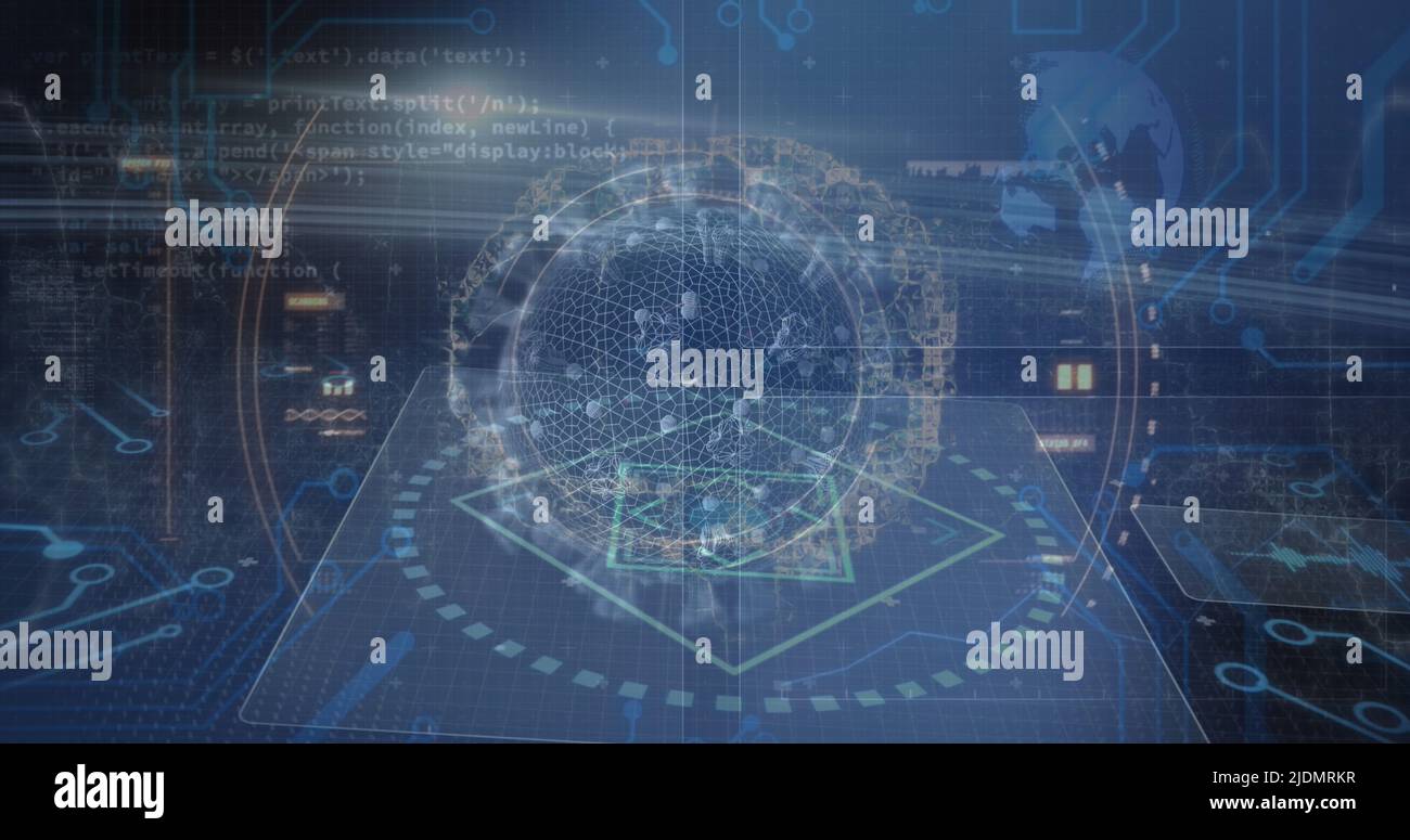 Image of scope scanning and virus cell over data processing Stock Photo