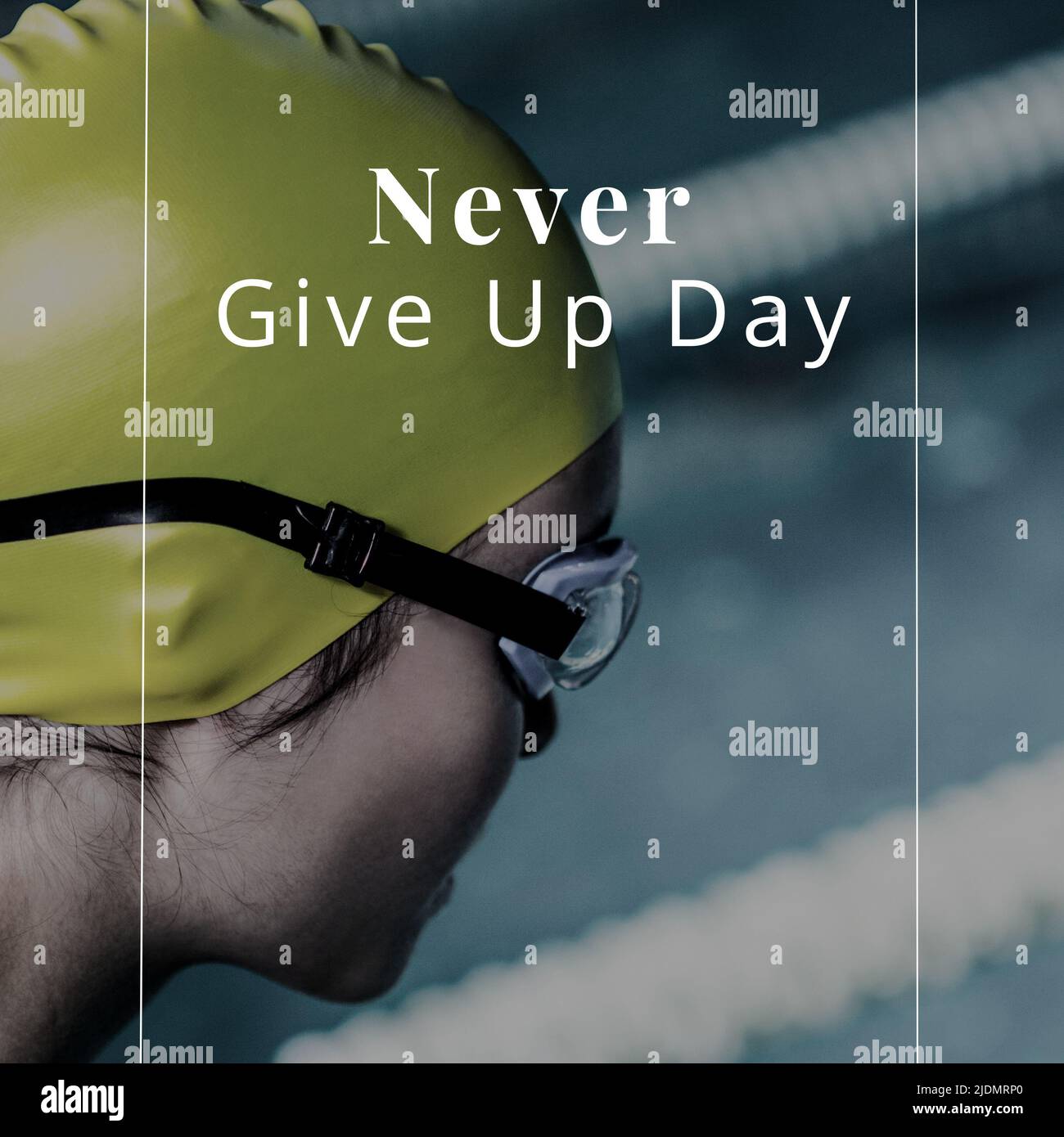 Digital image of female caucasian swimmer wearing swimming cap and goggles, never give up day text Stock Photo