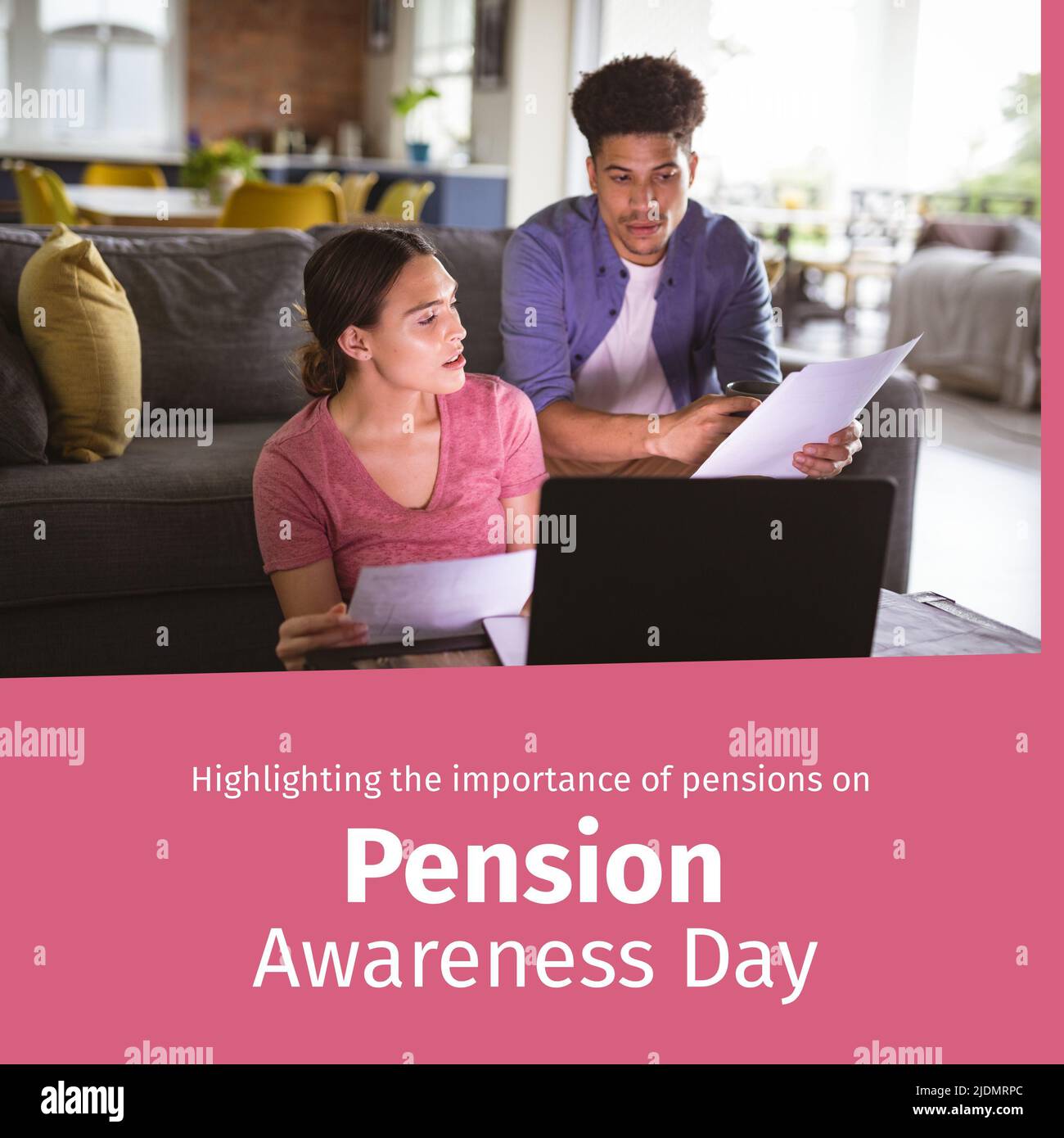 Digital image of multiracial young couple discussing paperwork at home, pension awareness day text Stock Photo