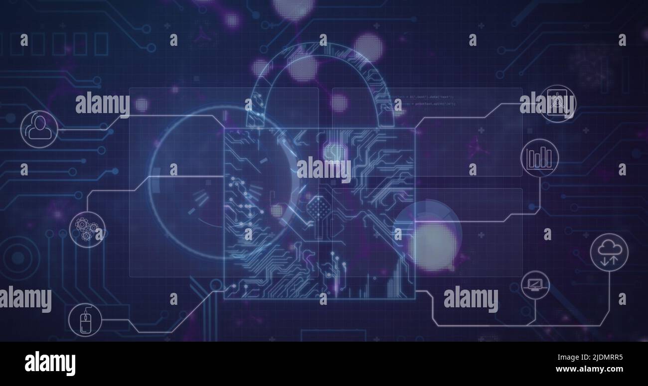 Image of security padlock and data processing over navy background ...