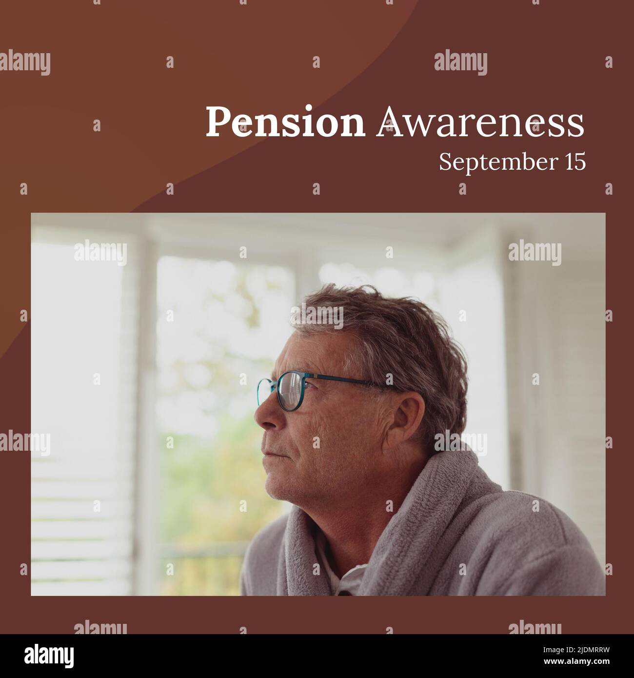 Digital composite image of thoughtful caucasian senior man looking away, pension awareness text Stock Photo