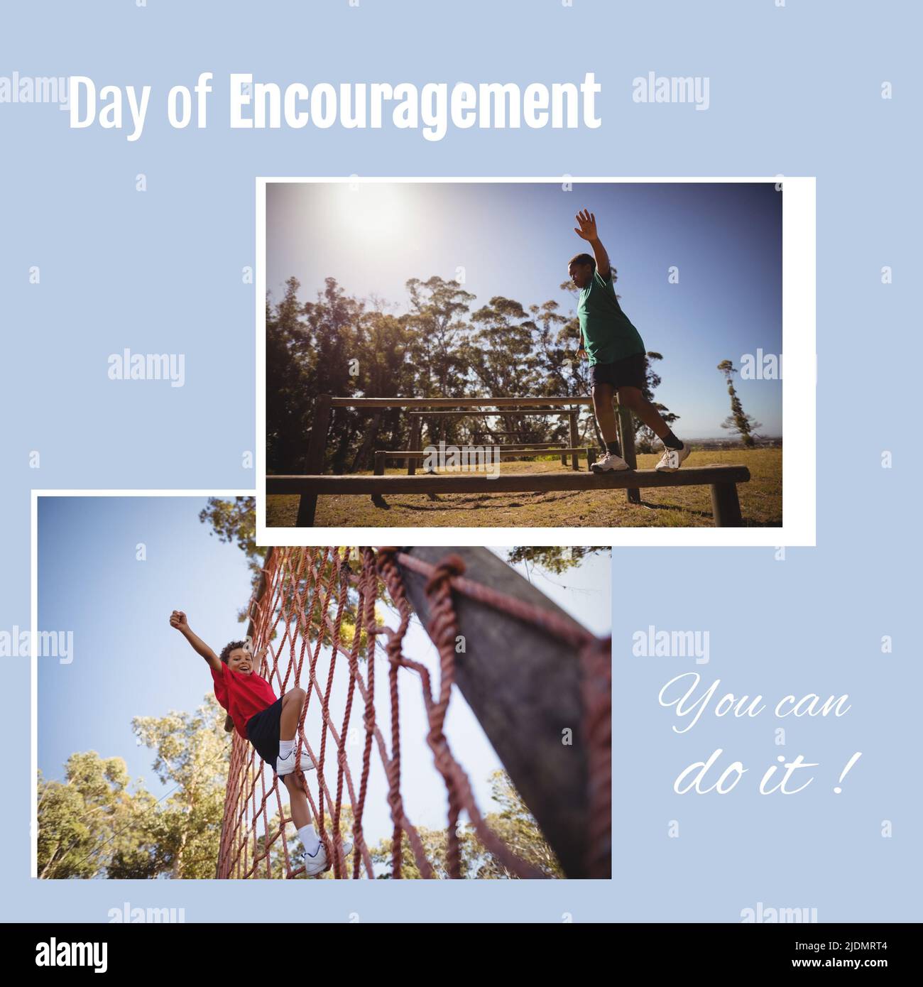 Collage of multiracial boy climbing rope and boy walking on wooden bench and you can do it text Stock Photo