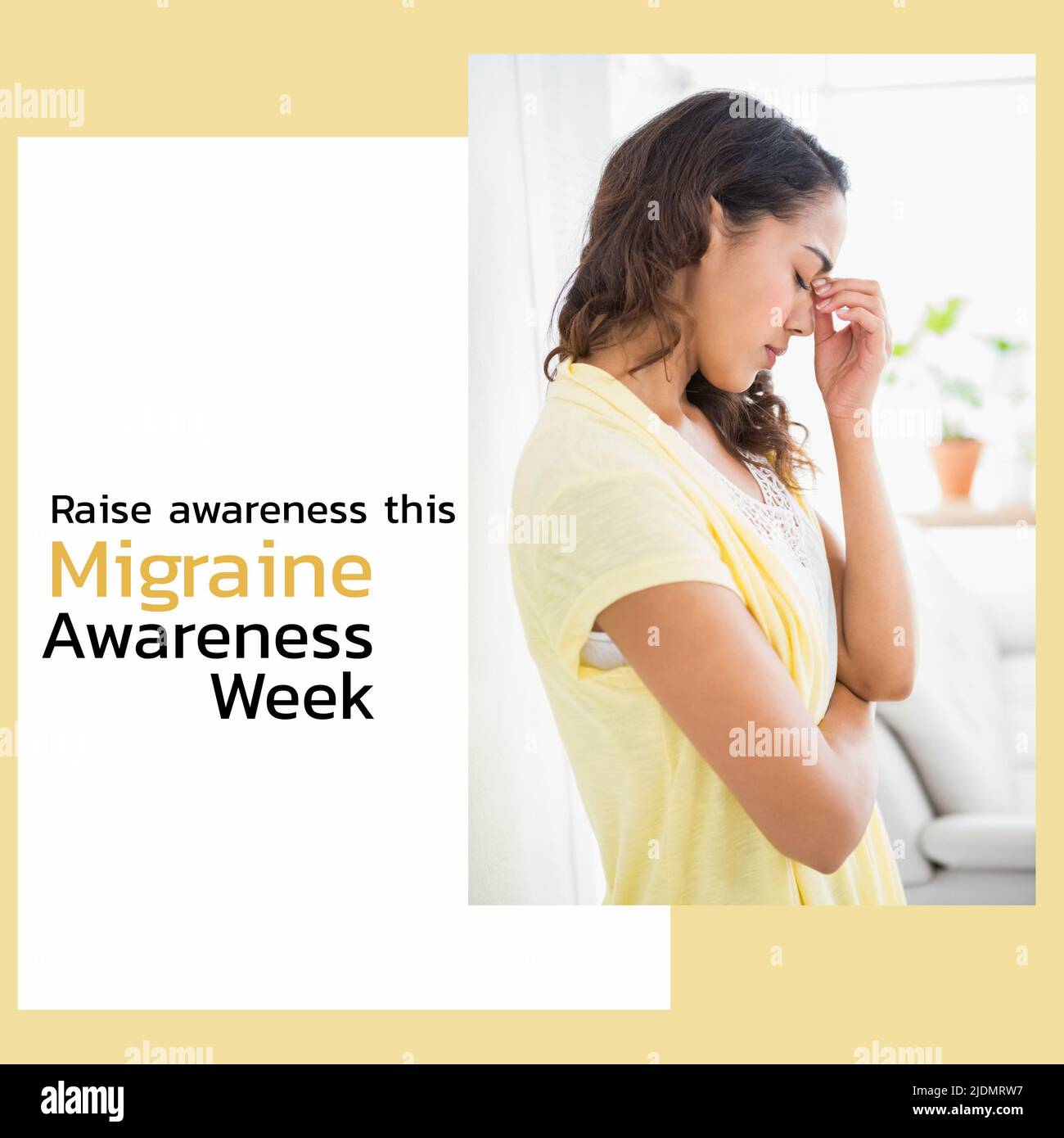 Young caucasian woman with headache, raise awareness this migraine awareness week text Stock Photo