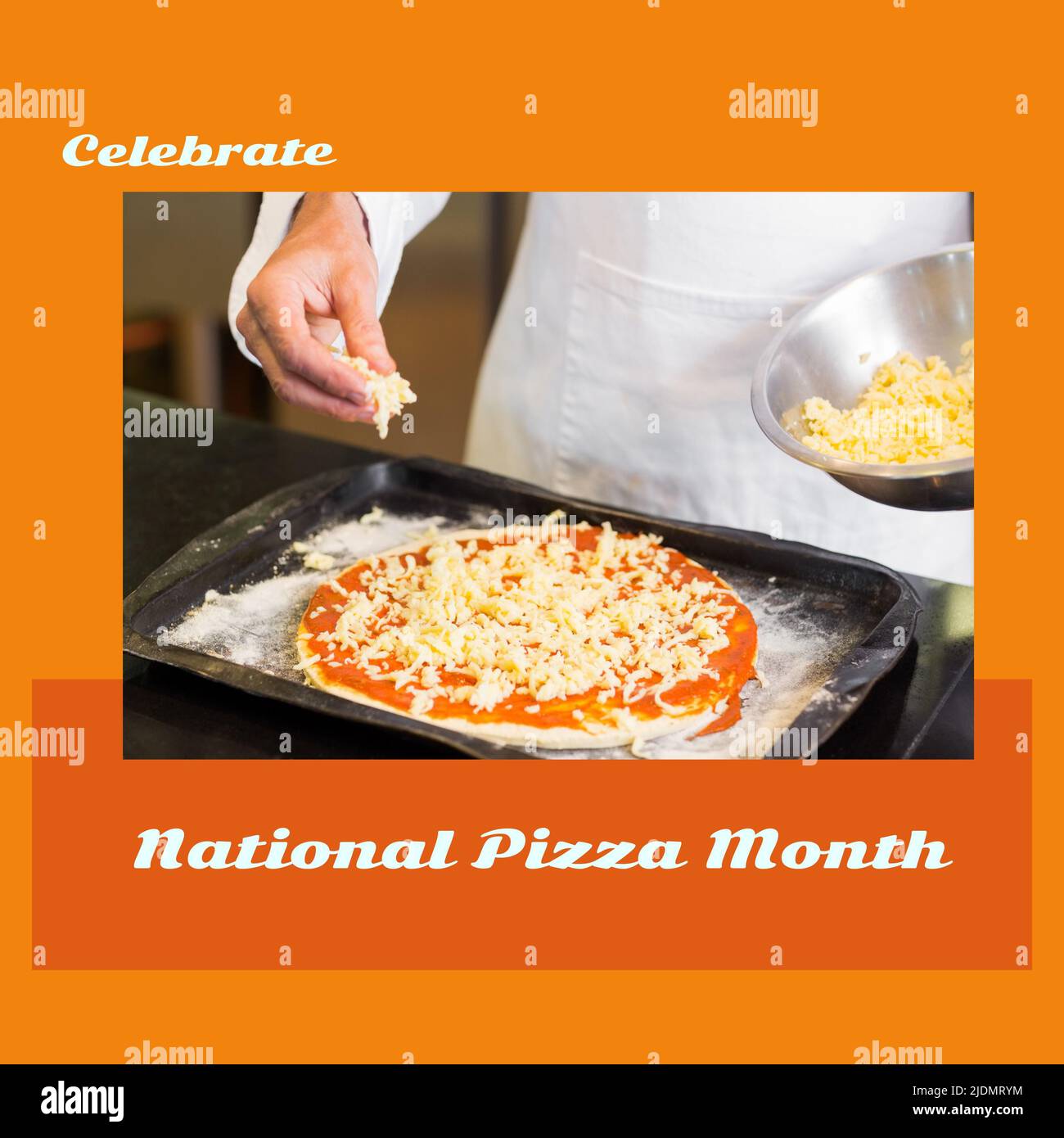 Caucasian chef sprinkling cheese on pizza in restaurant and celebrate