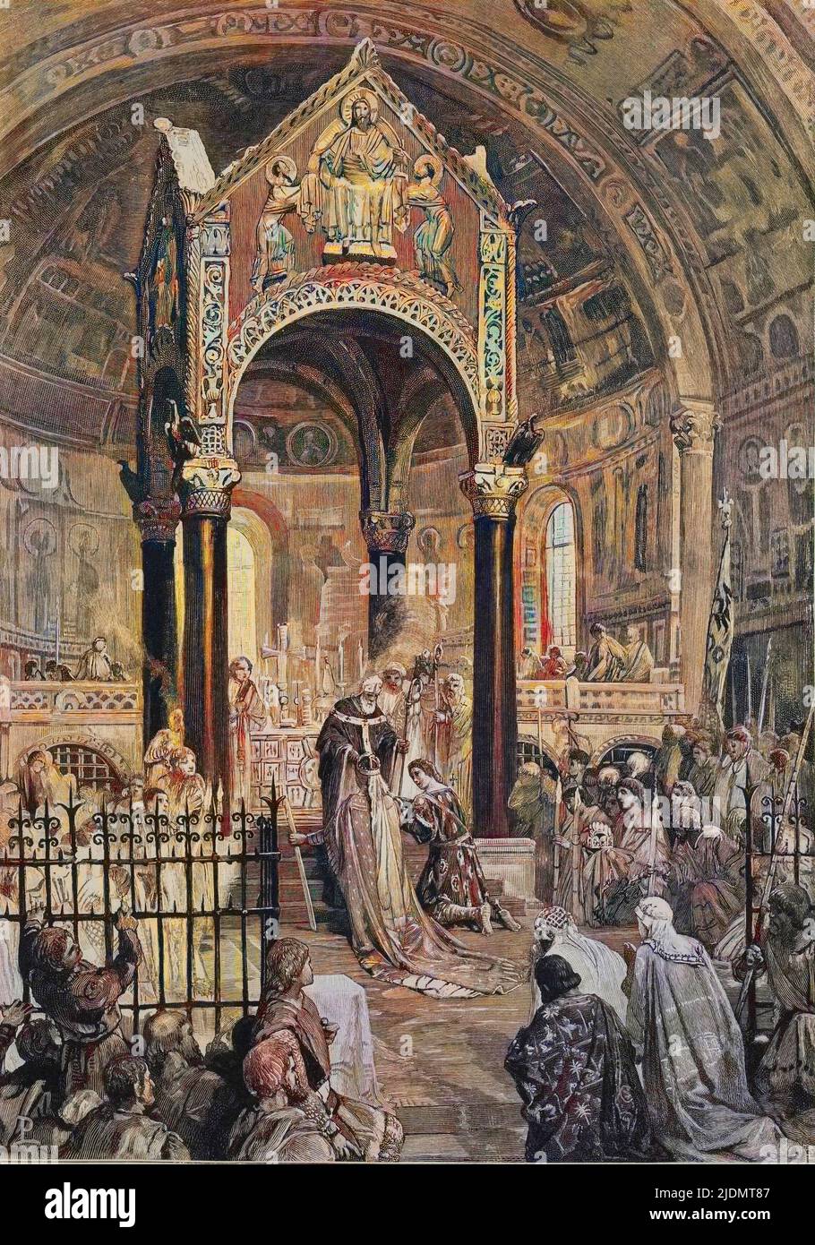 Mariage de Constance d'Hauteville de Sicile (Costanza d'Altavilla) (1154-1198) avec le roi Henri VI du Saint Empire (Enrico VI di Hohenstaufen) dans la basilique Saint Ambrogio a Milan en 1186.gravure Stock Photo