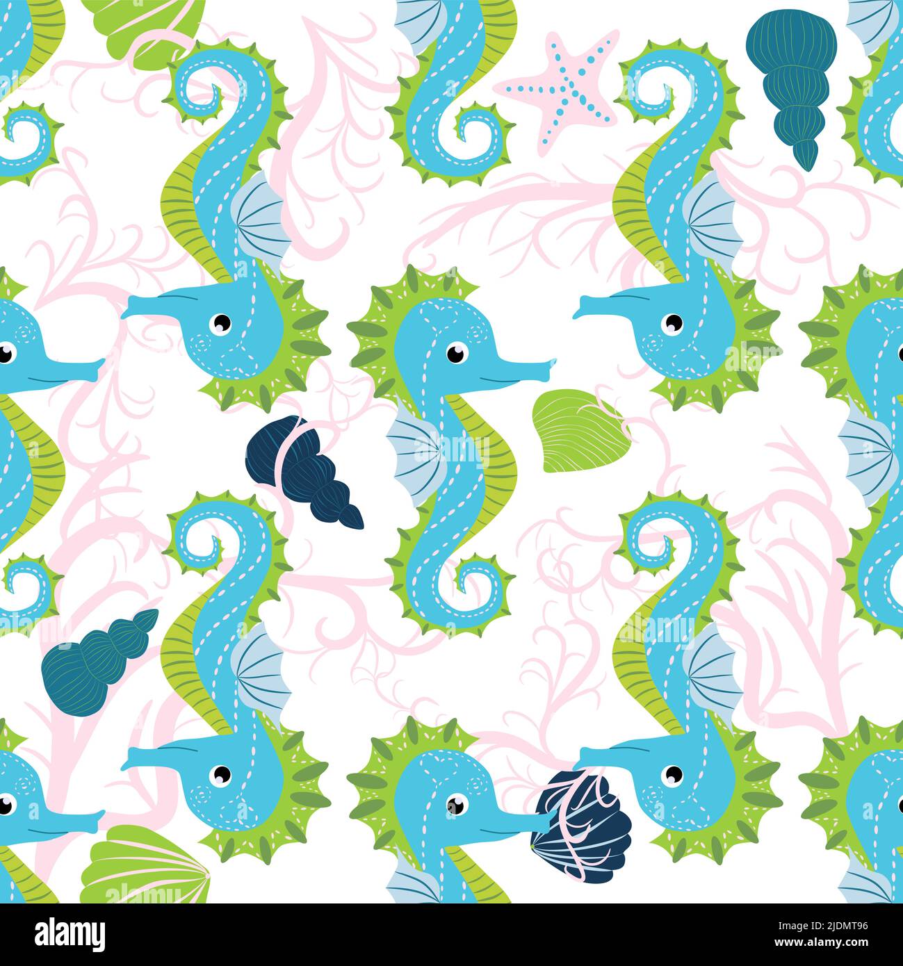 Cute seahorses cartoon seamless pattern. Hand drawn ocean animals ...