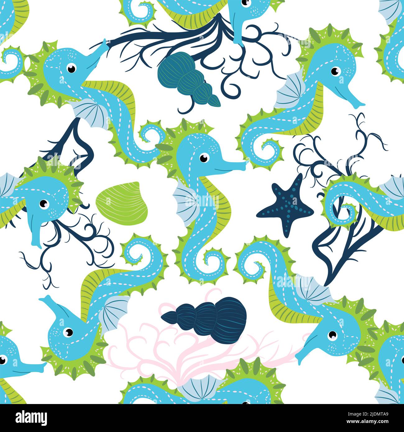 Cute seahorses cartoon seamless pattern. Hand drawn ocean animals ...