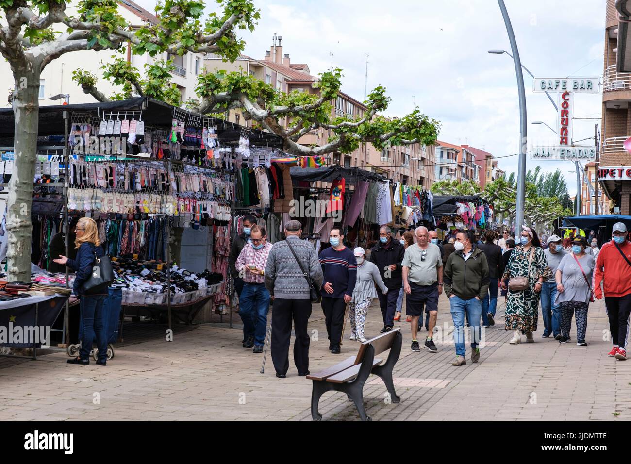 Spain, Astorga, Castilla y Leon. Tuesday Market, Street Scene. Stock Photo