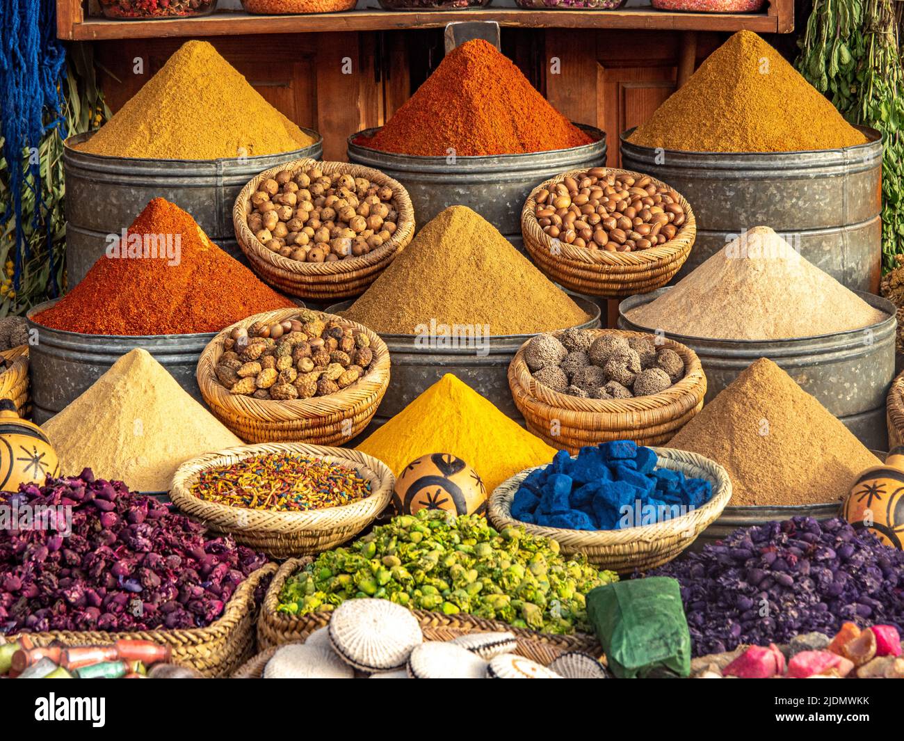 Colorful spices and dyes are found at the souk market in Marrakesh, Morocco. Stock Photo