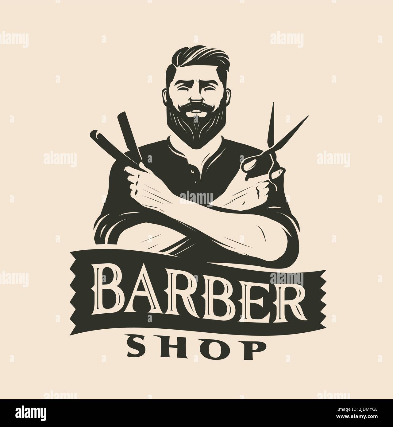 Barbershop logo vintage. Beard or mustache shave and haircut. Male beauty vector illustration Stock Vector