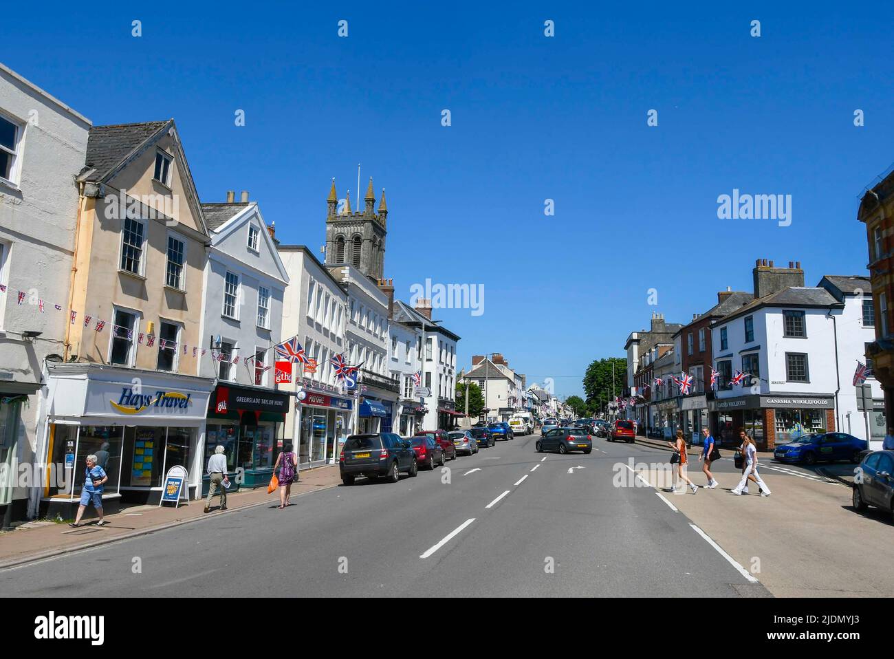 Honiton, Devon, UK.  22nd June 2022.  General view of the town centre at Honiton in Devon ahead of tomorrows parliamentary election for the Tiverton and Honiton constituency.  Picture Credit: Graham Hunt/Alamy Live News Stock Photo