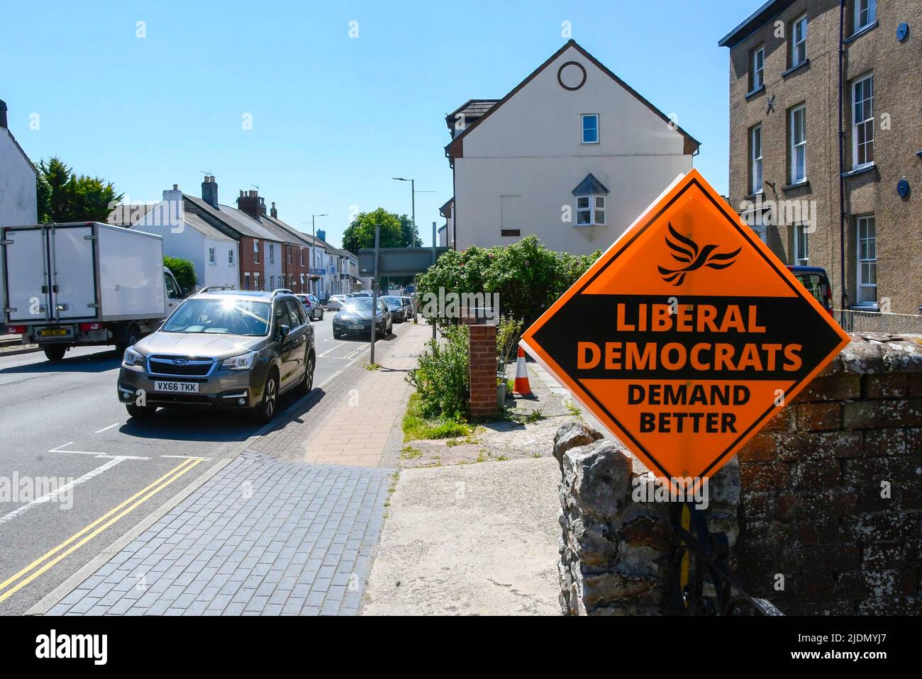 Honiton, Devon, UK.  22nd June 2022.  Election poster for the Liberal Democrats for their candidate Richard Foord at Honiton in Devon ahead of tomorrows parliamentary election for the Tiverton and Honiton constituency.  Picture Credit: Graham Hunt/Alamy Live News Stock Photo