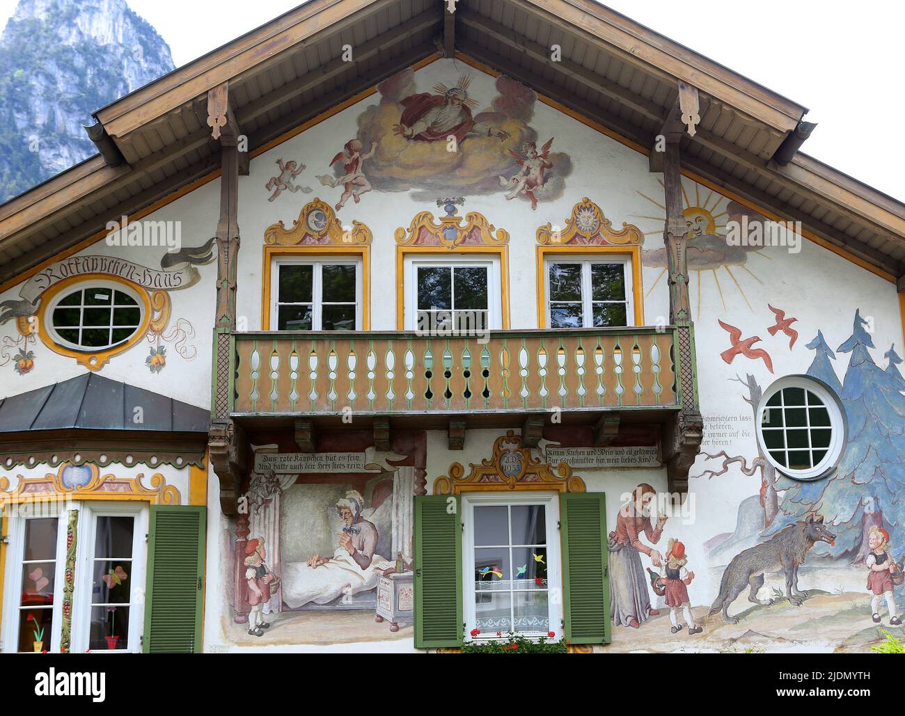 Mural paintings on houses facades in the streets of Oberammergau ...