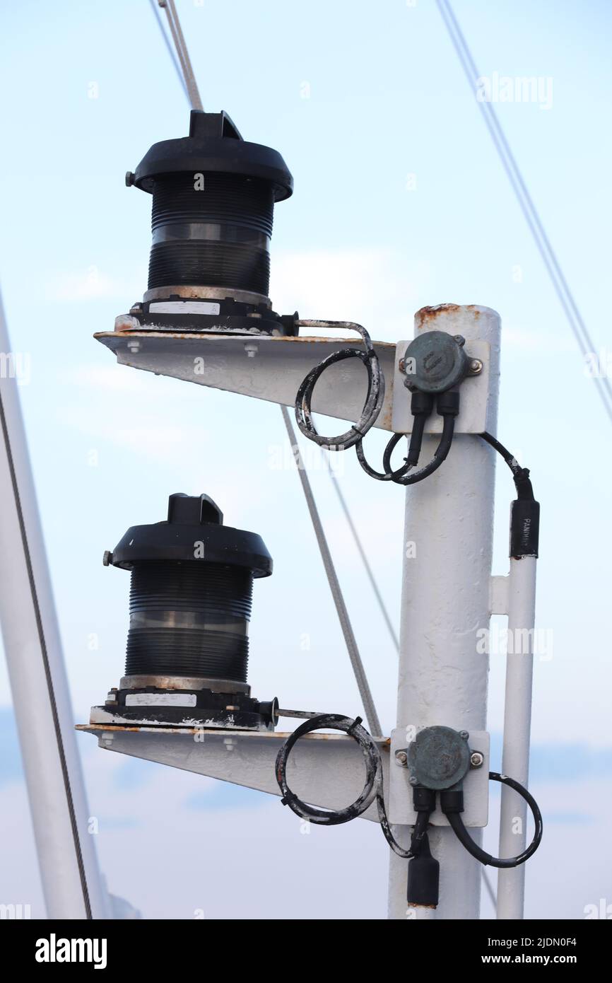 Navigation and radar equipment and antenna on the mast of cruise ship ...