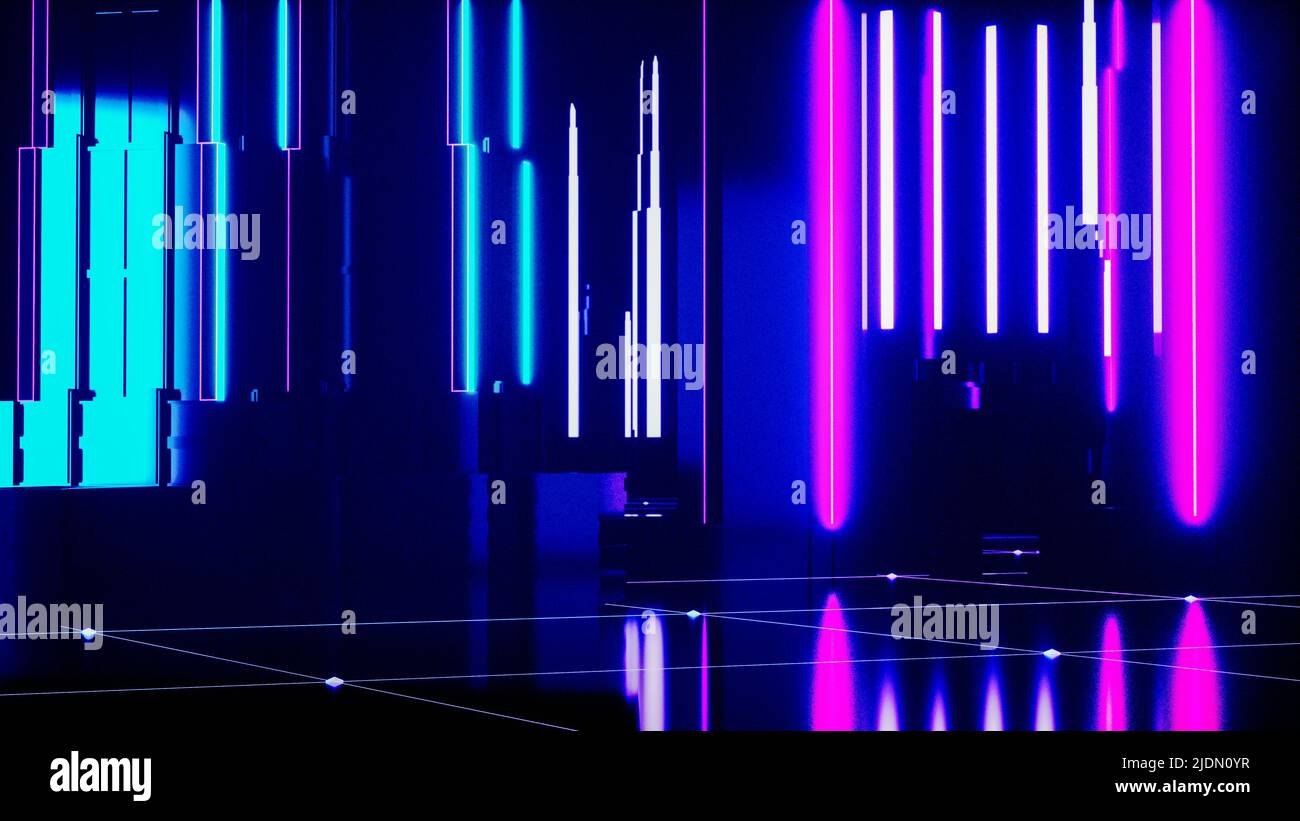 a futuristic background with neon glowing cubes (3d rendering) Stock Photo
