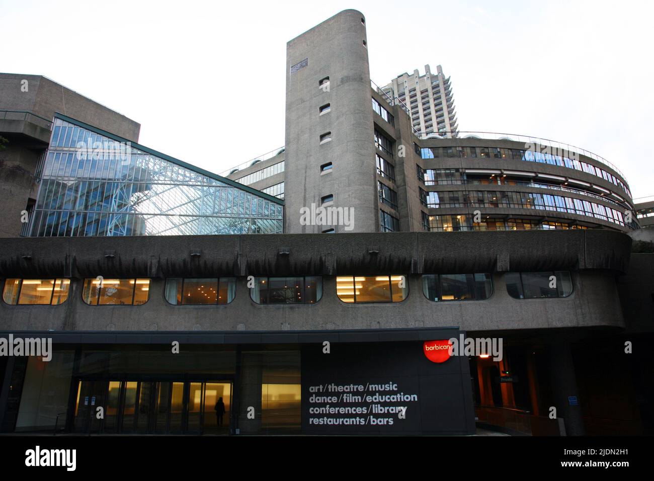 LONDON - FEB 14: Main entrance of Barbican Center, the largest performing arts centre in Europe, designed by Chamberlin, Powell and Bon, opened 1982. Stock Photo